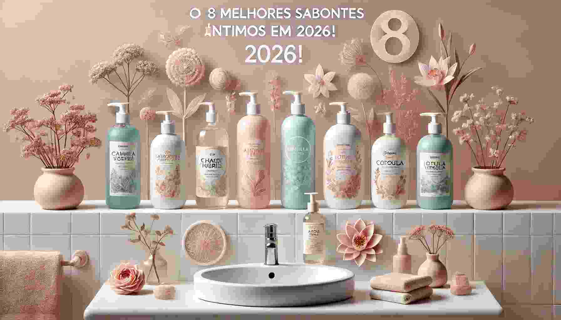 Os 8 melhores sabonetes íntimos de 2026 incluindo Nívea, Dermacyd e Gino-Canesten organizados em bancada de banheiro com flores naturais e toalhas brancas